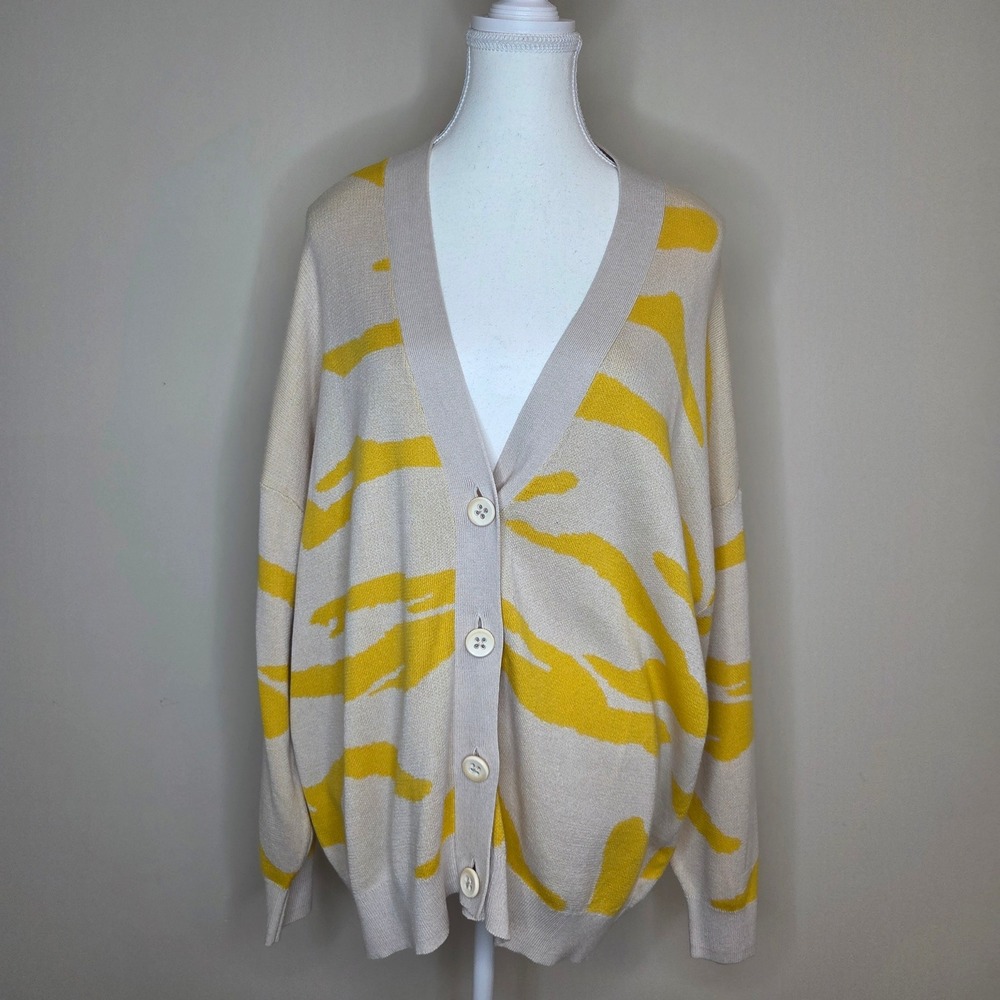 Cabi Tan and Yellow Animal Print Cotton Blend Cardigan‎ Oversized Size S